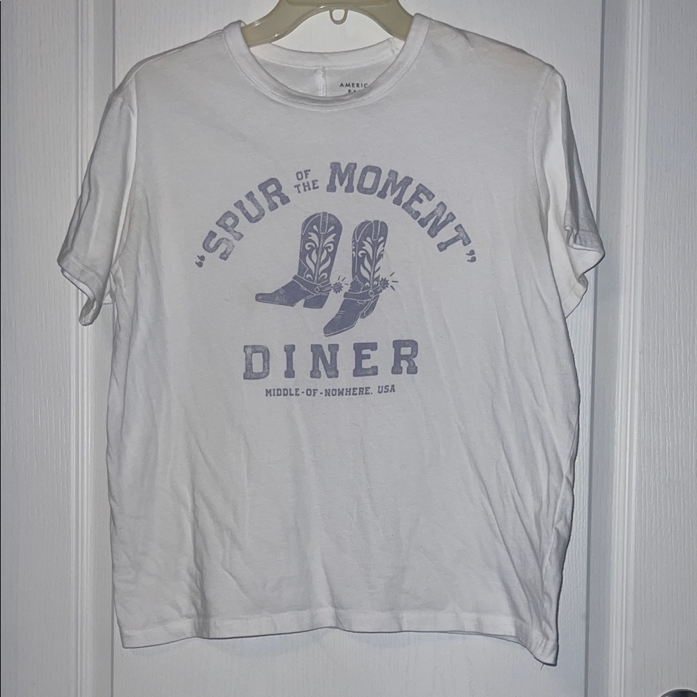American Eagle Outfitters White T-Shirt with Blue Graphic